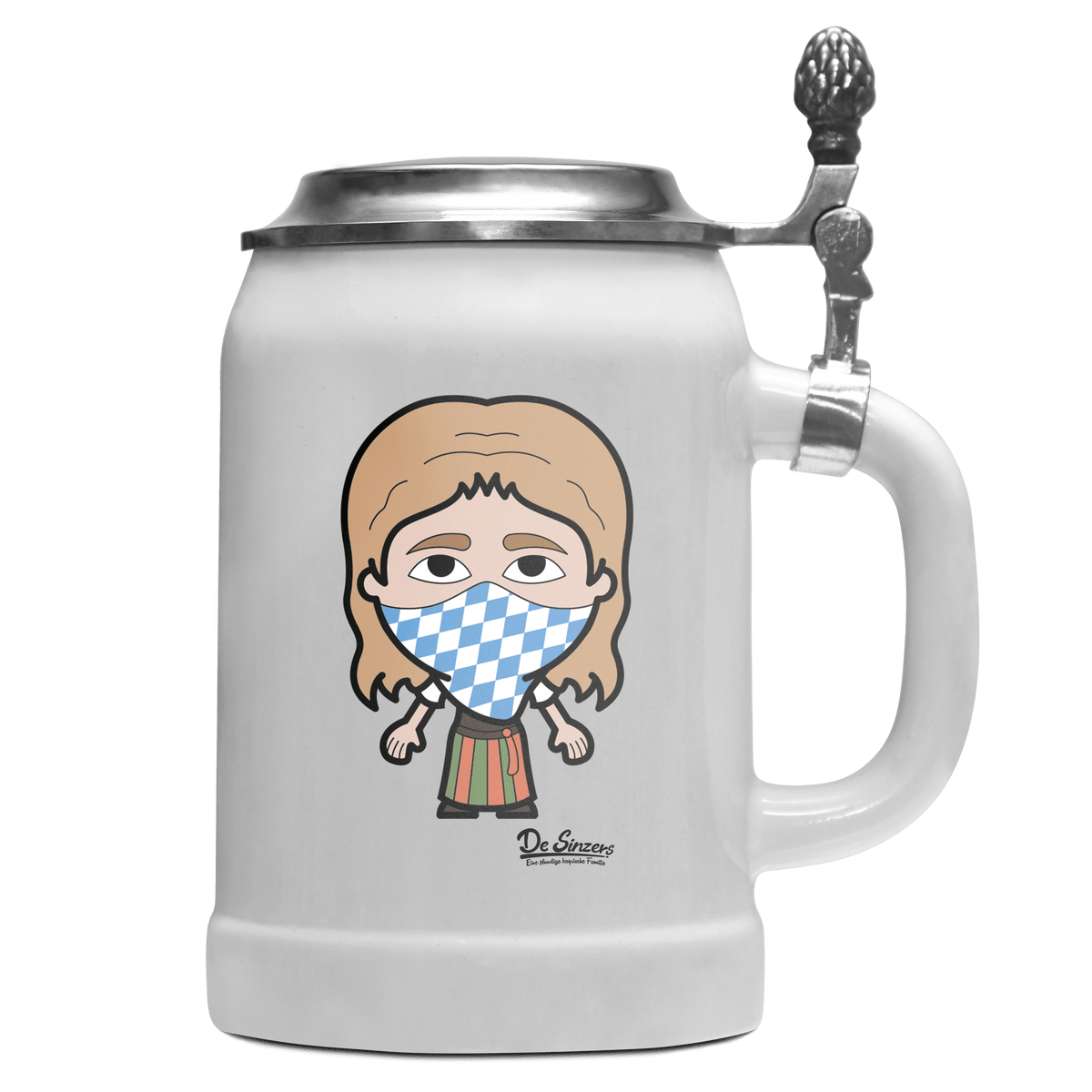 Die Sinzerin Bayrisches Mundtuch Bierkrug 500ml Weiss mit Deckel Wetterspitzen Front