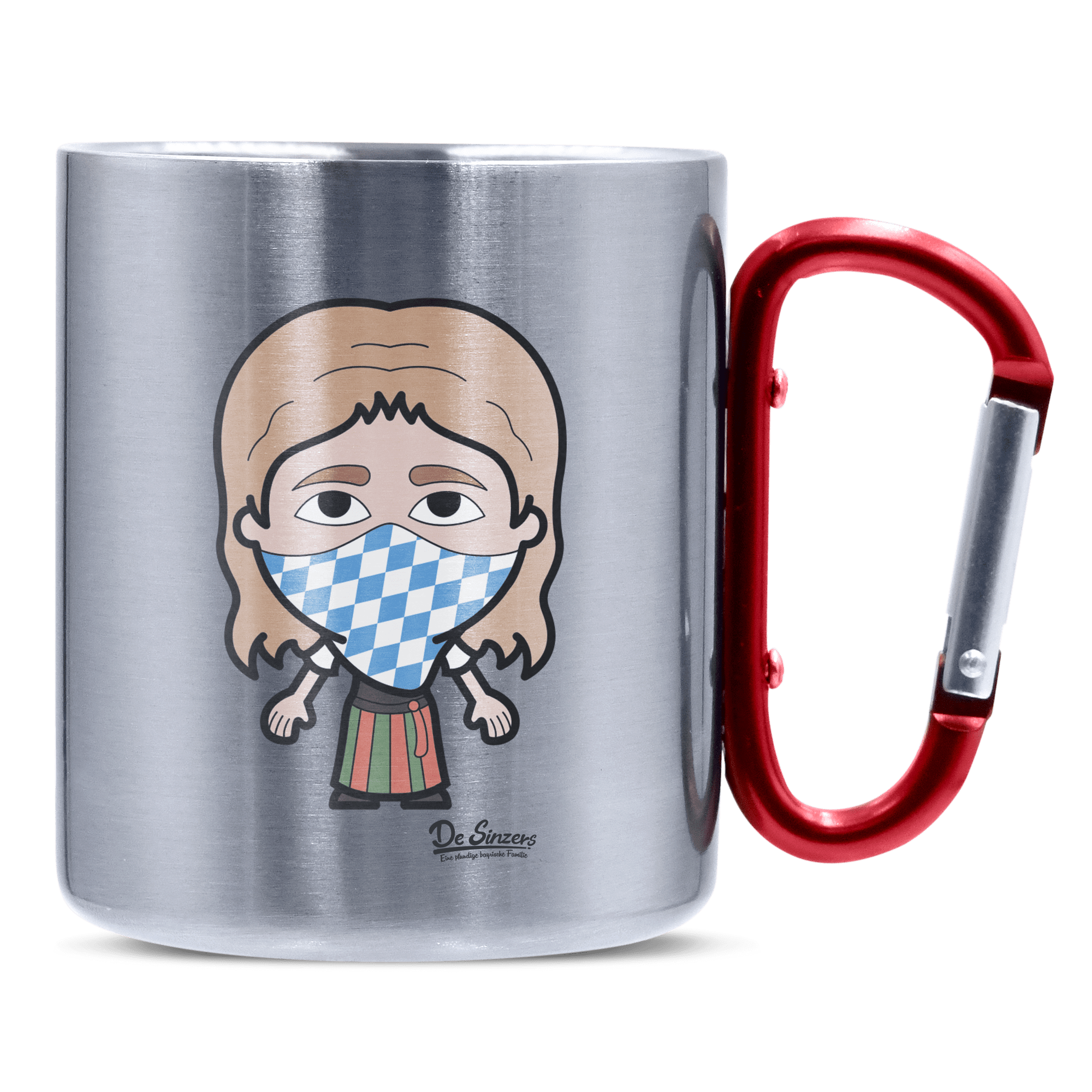 Die Sinzerin Bayrisches Mundtuch Edelstahl Kaffeetasse roter Karabiner 320ml Kitzstein Front