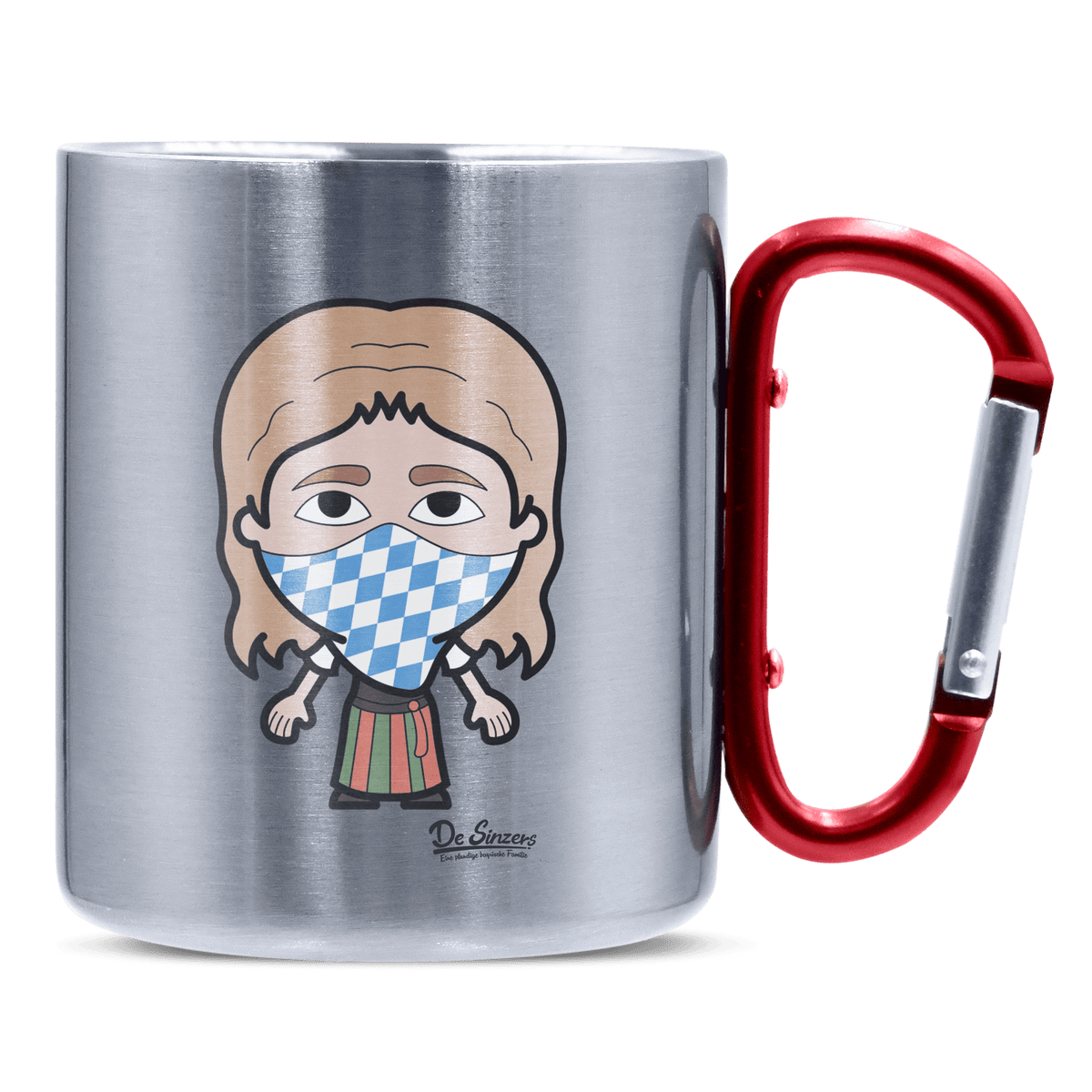 Die Sinzerin Bayrisches Mundtuch Edelstahl Kaffeetasse roter Karabiner 320ml Kitzstein Front