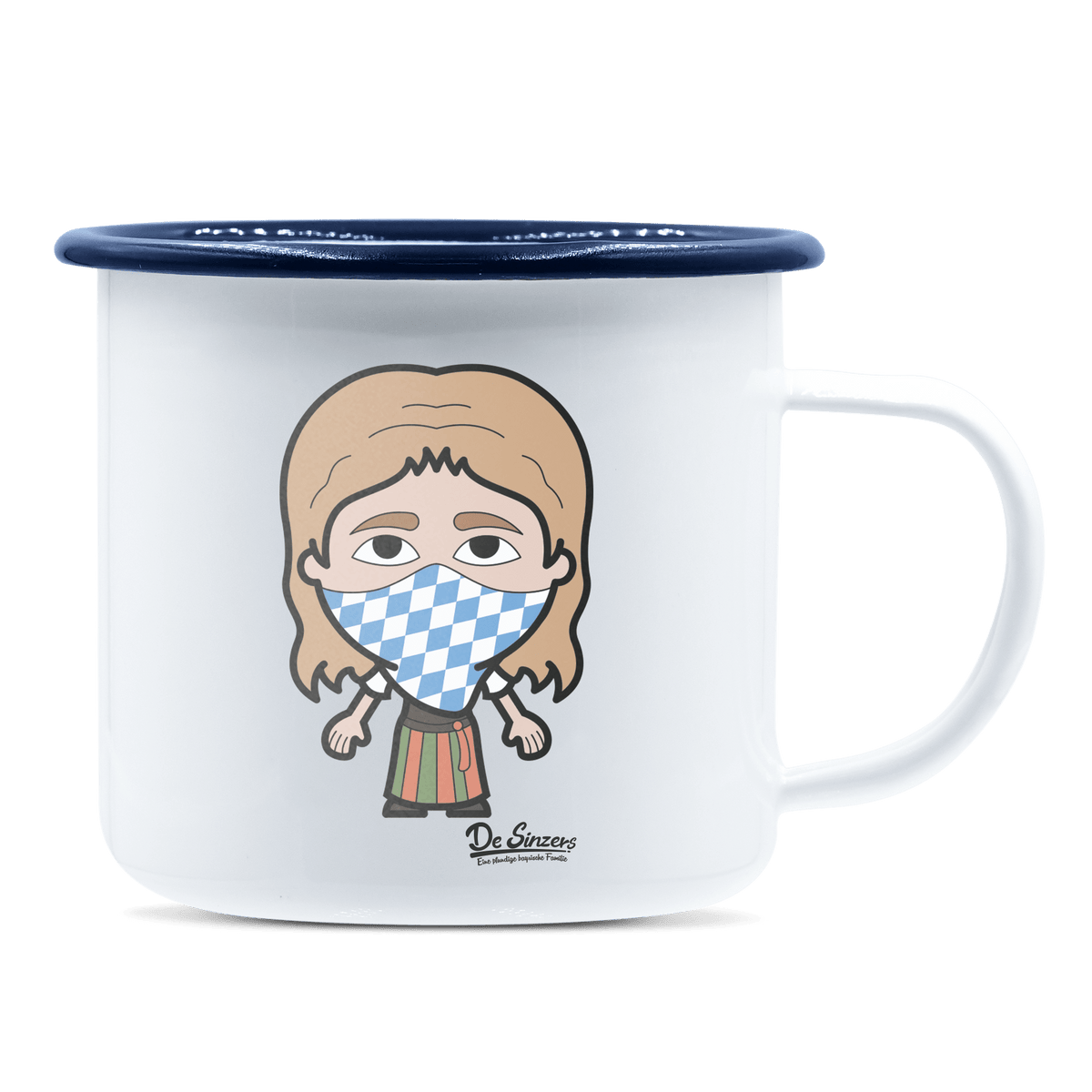 Die Sinzerin Bayrisches Mundtuch Emaille Tasse 375ml Weiss Blau Heuberg Front