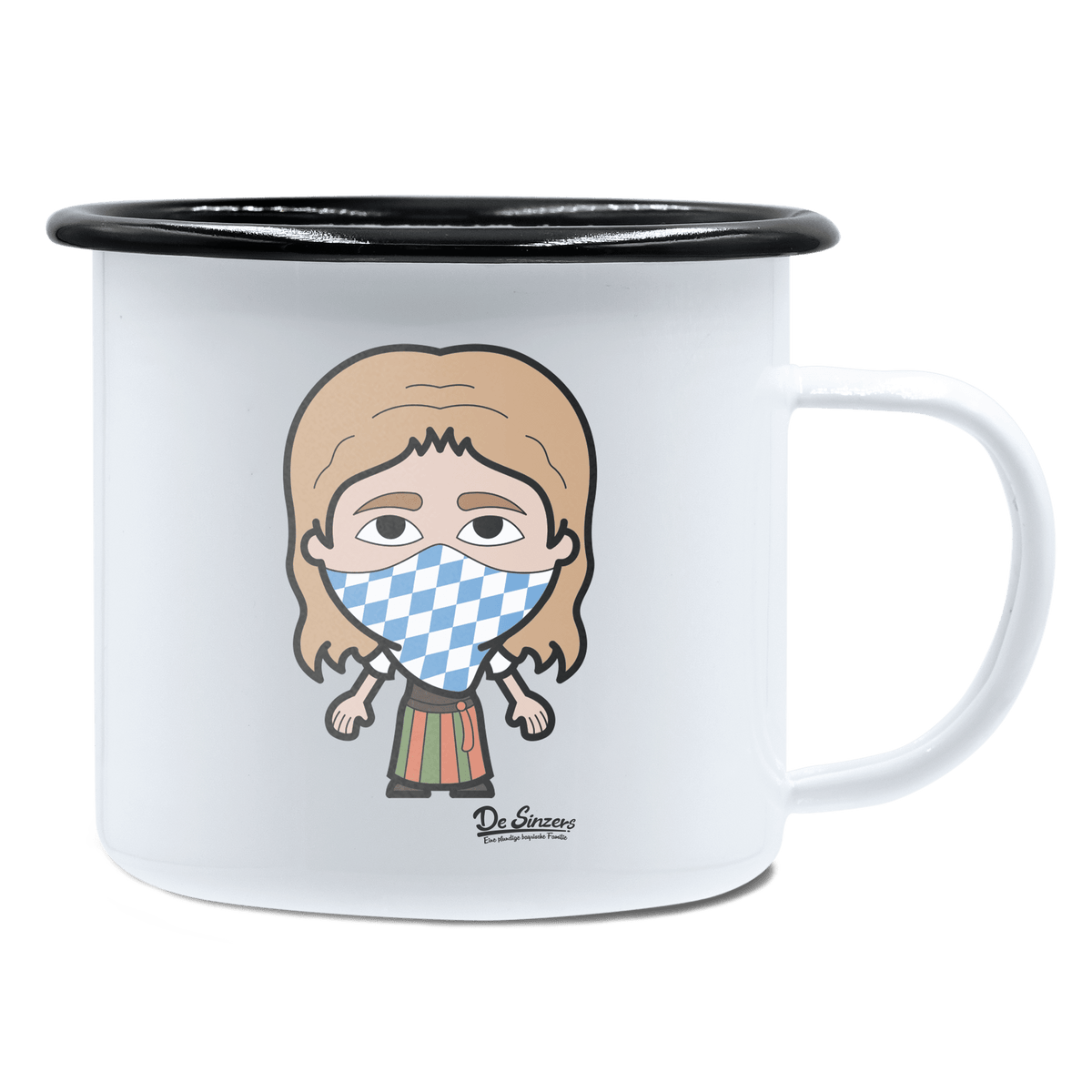 Die Sinzerin Bayrisches Mundtuch Emaille Tasse 450ml Weiss Schwarz Spitzstein Front