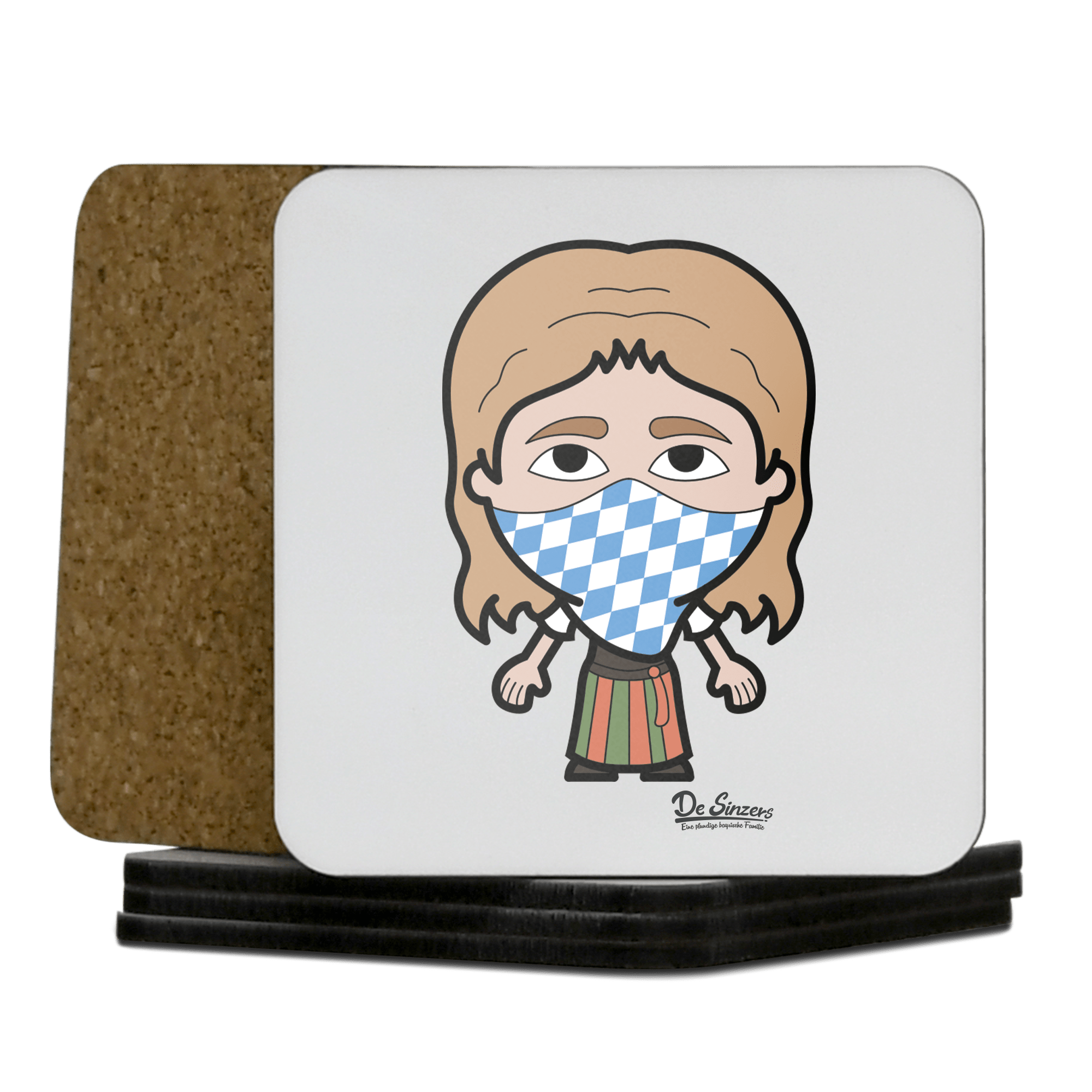 Die Sinzerin Bayrisches Mundtuch Korkuntersetzer 5er Set 95 x 95 mm Weiss Karkopf Front