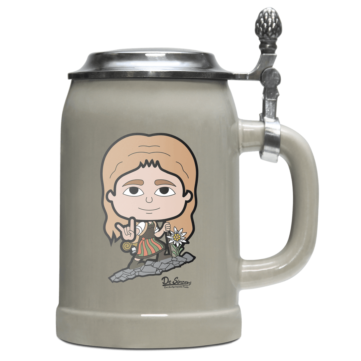 Die Sinzerin Bergsteiger Bierkrug 500ml Grau mit Deckel Hocheck Front