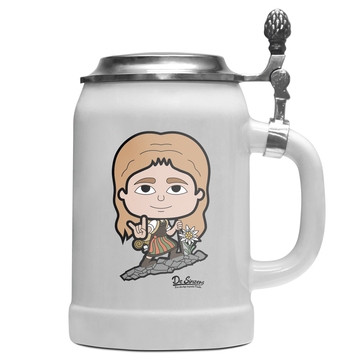 Die Sinzerin Bergsteiger Bierkrug 500ml Weiss mit Deckel Wetterspitzen Front