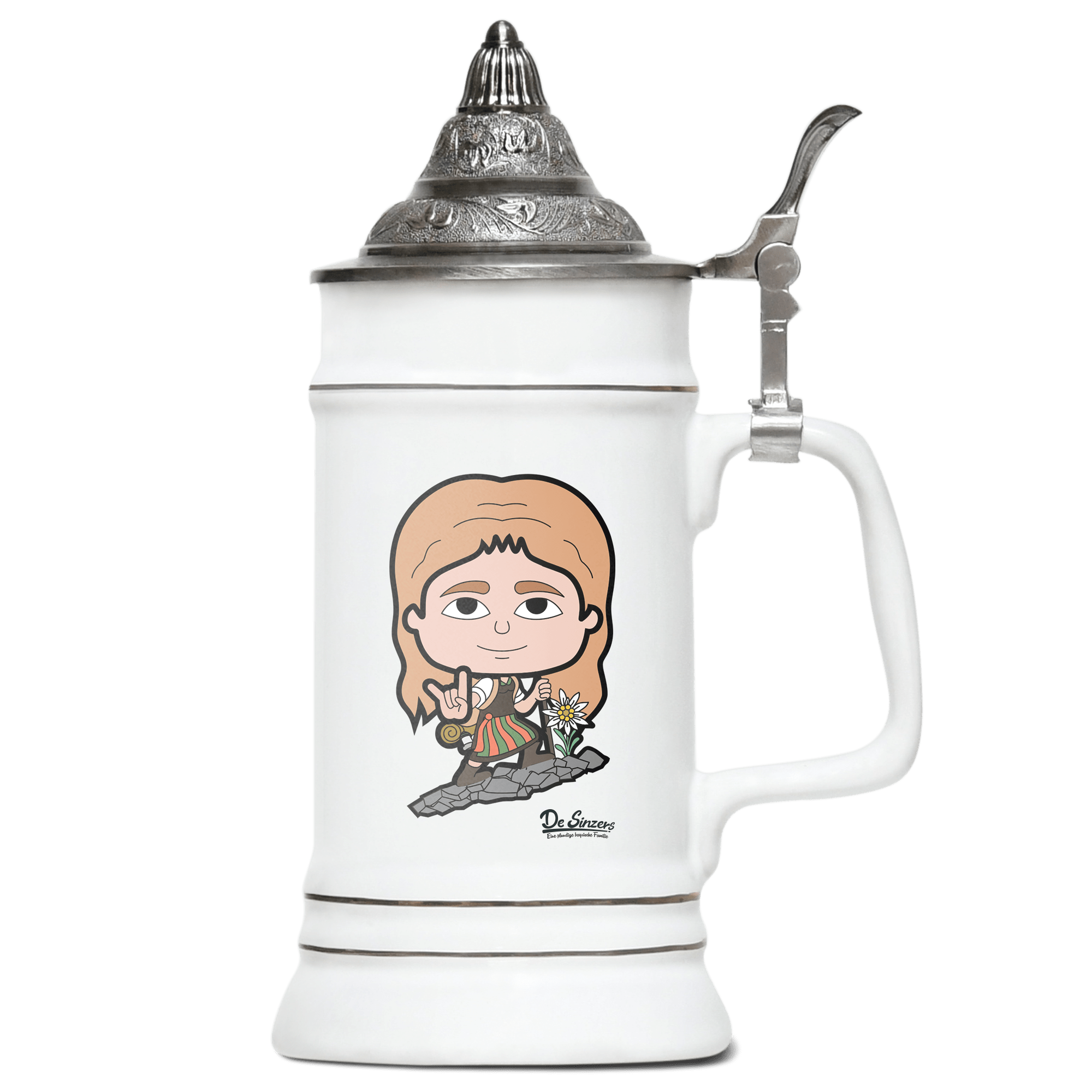 Die Sinzerin Bergsteiger Bierkrug 500ml Weiss mit Spitzdeckel Wendelstein Front