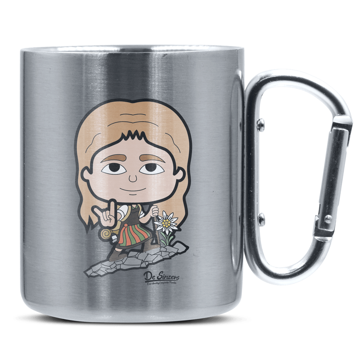 Die Sinzerin Bergsteiger Edelstahl Kaffeetasse silberer Karabiner 320ml Grosser Traithen Front