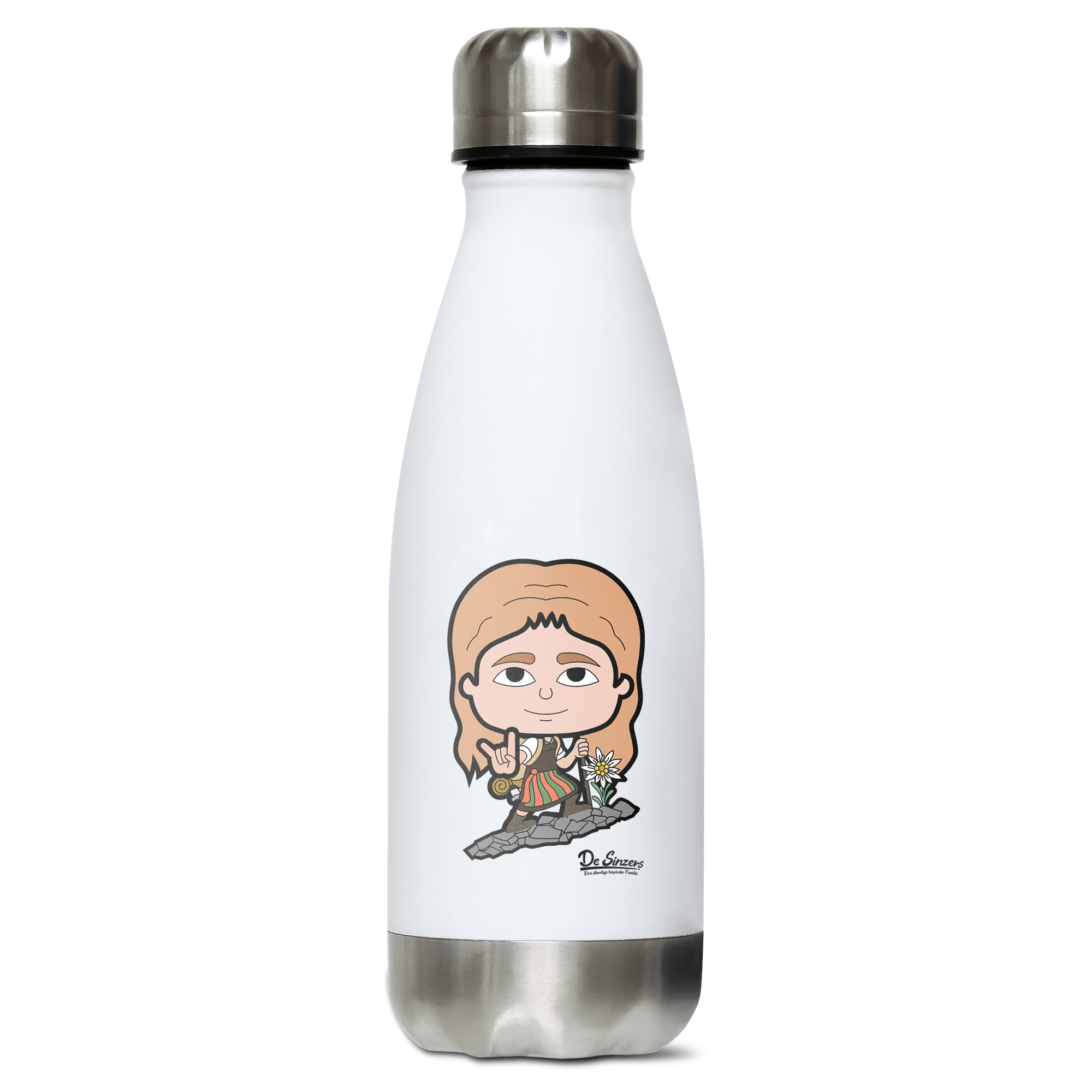 Die Sinzerin Bergsteiger Edelstahl Thermoflasche 350ml Weiss Silber Kreuzspitze Front