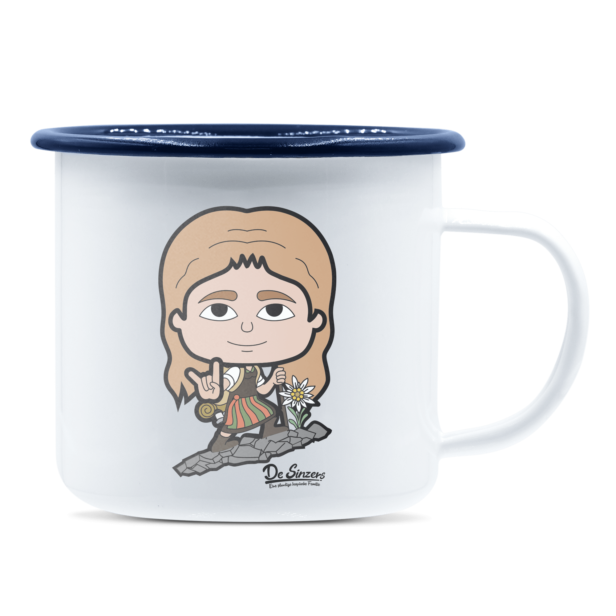 Die Sinzerin Bergsteiger Emaille Tasse 375ml Weiss Blau Heuberg Front