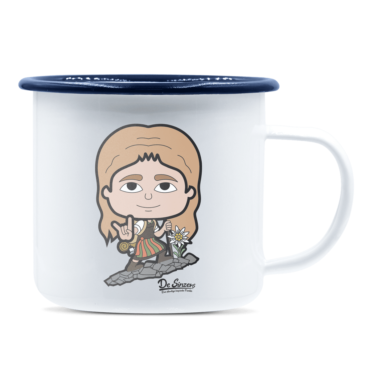 Die Sinzerin Bergsteiger Emaille Tasse 375ml Weiss Blau Heuberg Front