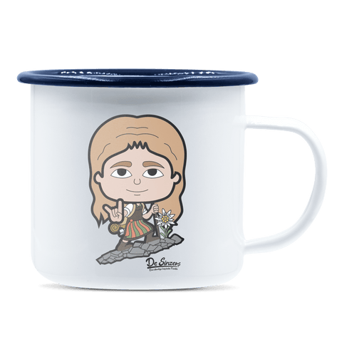 Die Sinzerin Bergsteiger Emaille Tasse 375ml Weiss Blau Heuberg Front