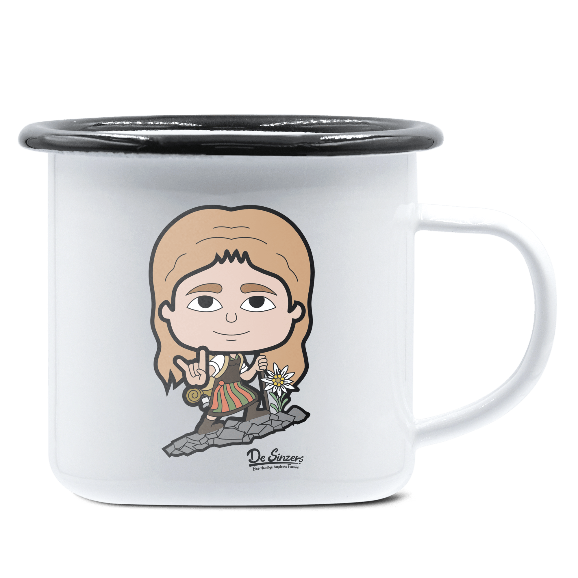 Die Sinzerin Bergsteiger Emaille Tasse 375ml Weiss Schwarz Hochries Front 1