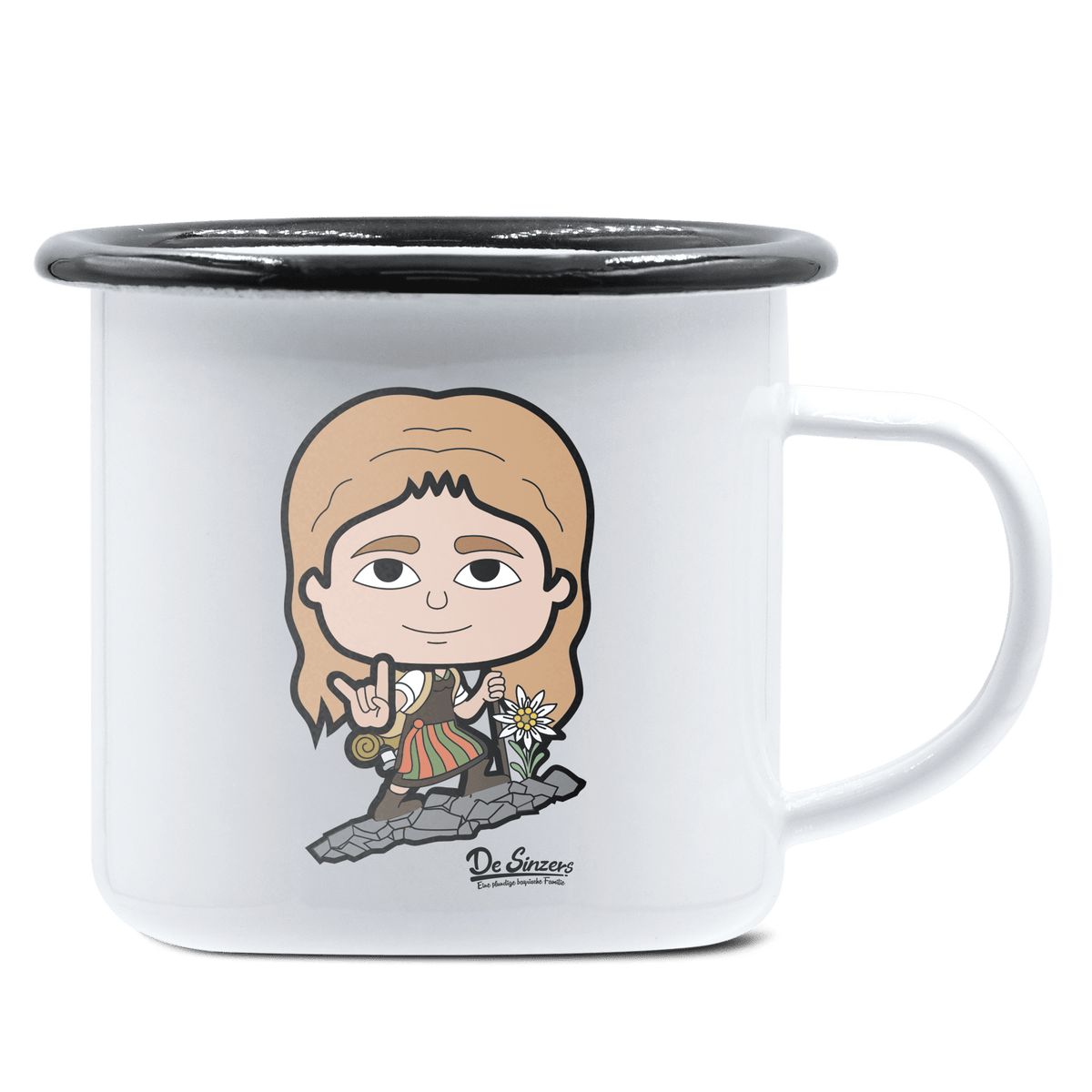 Die Sinzerin Bergsteiger Emaille Tasse 375ml Weiss Schwarz Hochries Front 1