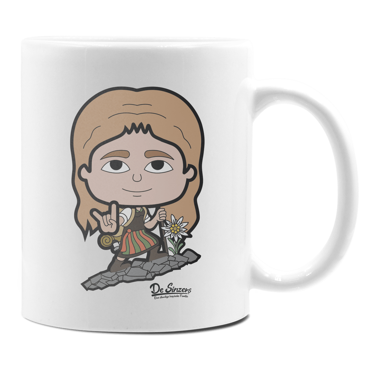 Die Sinzerin Bergsteiger Keramik Kaffeetasse 330ml Weiss Rampoldplatte Front