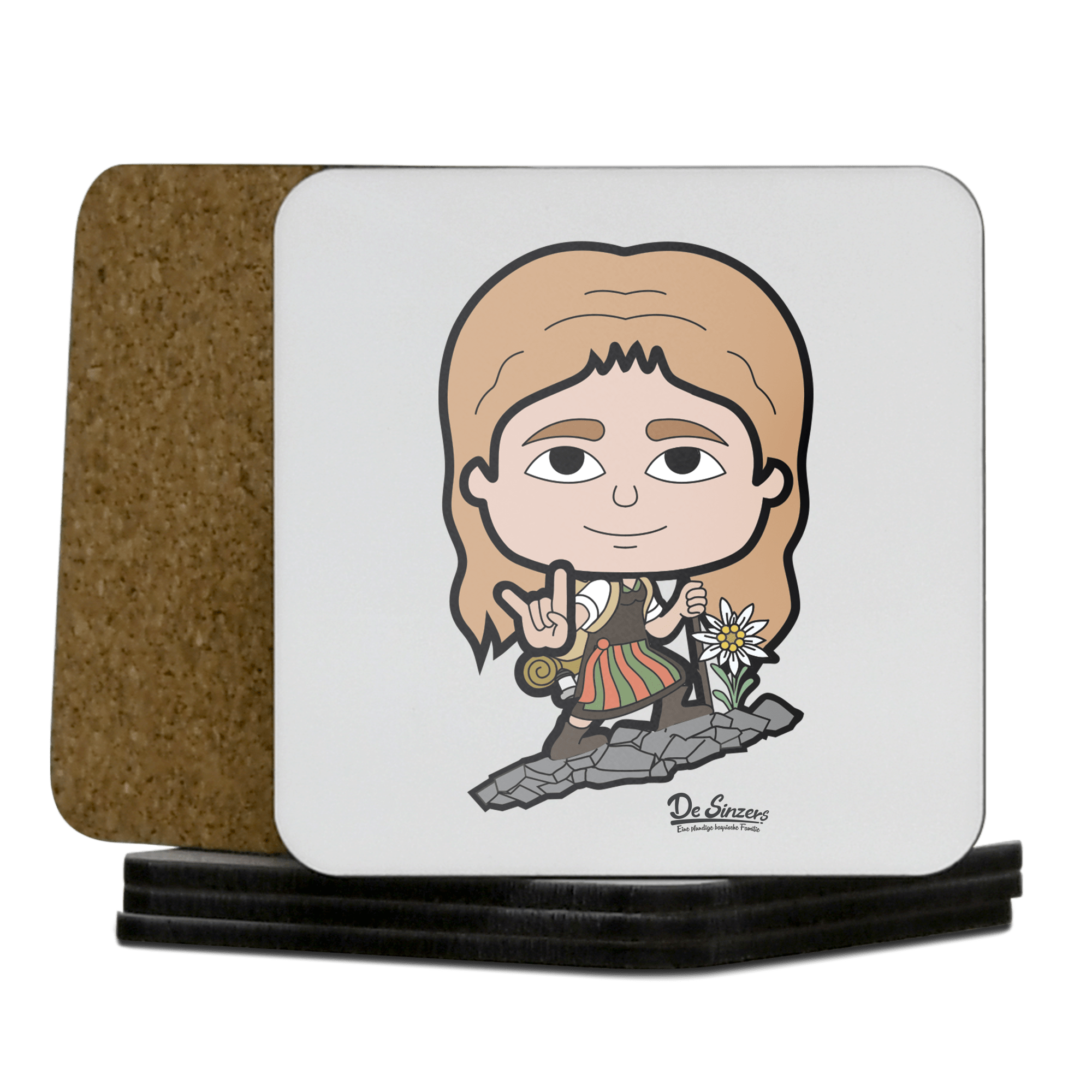 Die Sinzerin Bergsteiger Korkuntersetzer 5er Set 95 x 95 mm Weiss Karkopf Front