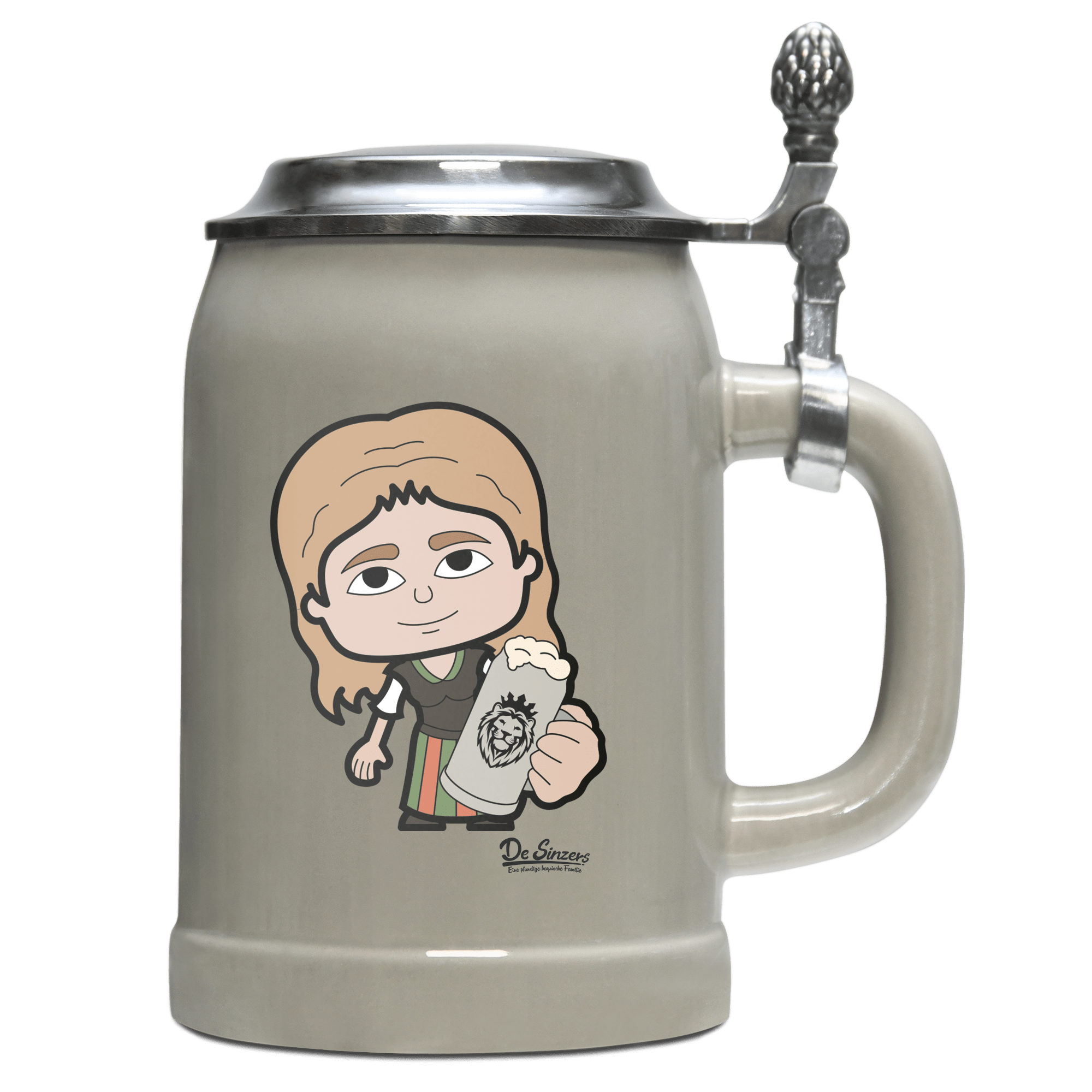 Die Sinzerin Bier Bierkrug 500ml Grau mit Deckel Hocheck Front