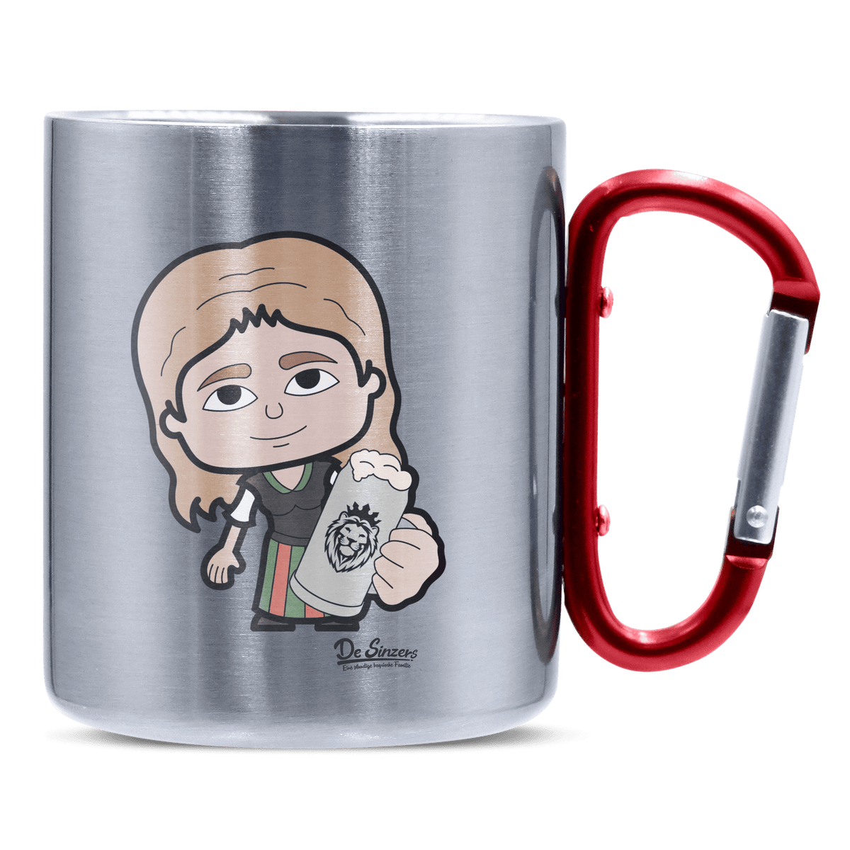 Die Sinzerin Bier Edelstahl Kaffeetasse roter Karabiner 320ml Kitzstein Front