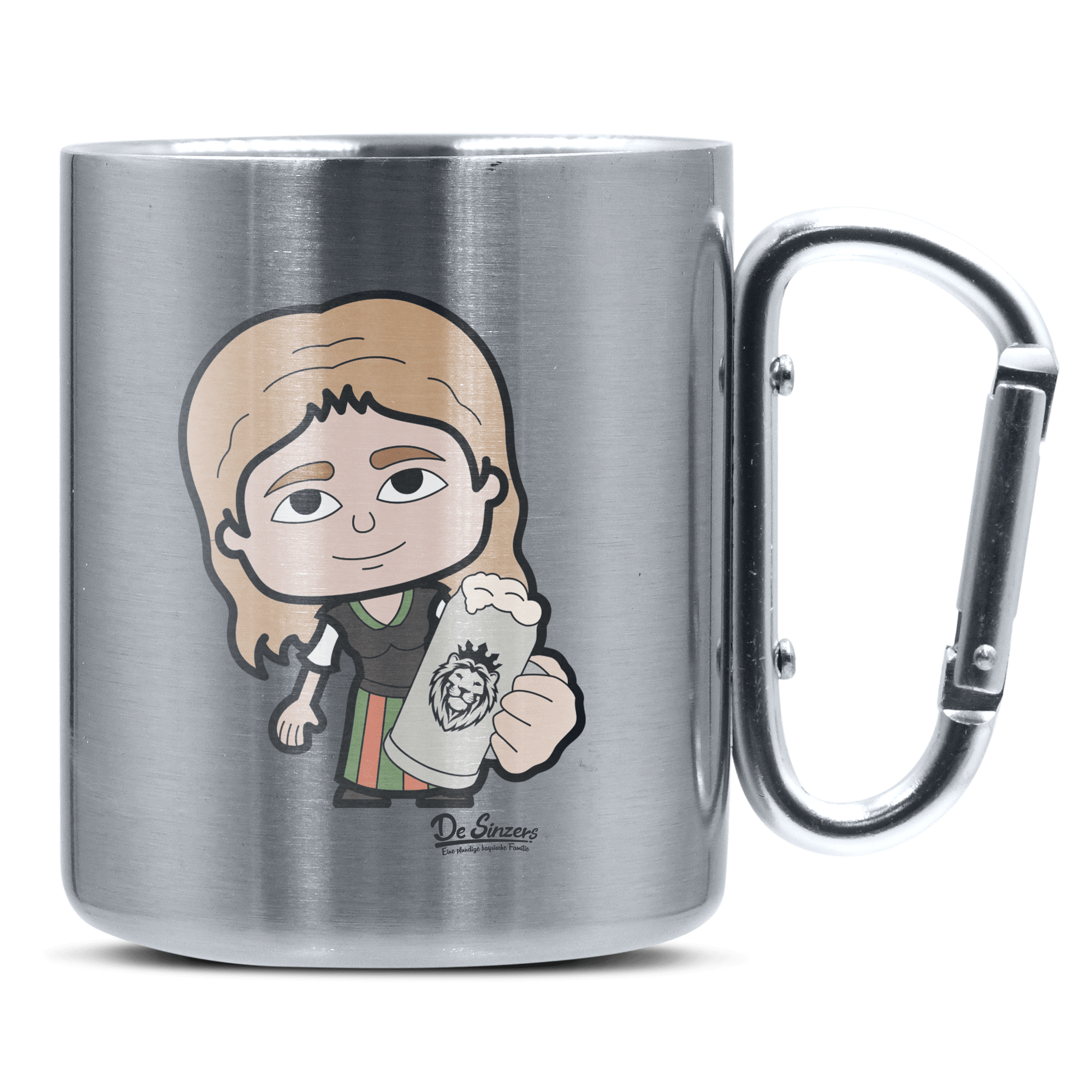 Die Sinzerin Bier Edelstahl Kaffeetasse silberer Karabiner 320ml Grosser Traithen Front