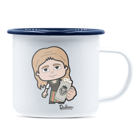 Die Sinzerin Bier Emaille Tasse 375ml Weiss Blau Heuberg Front