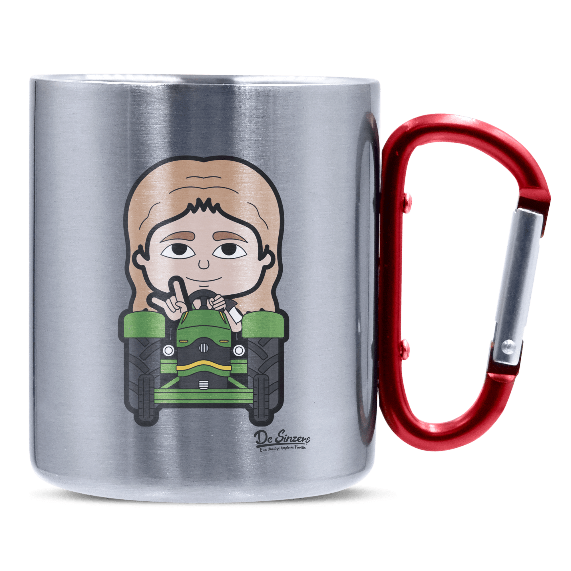 Die Sinzerin Bulldog Edelstahl Kaffeetasse roter Karabiner 320ml Kitzstein Front