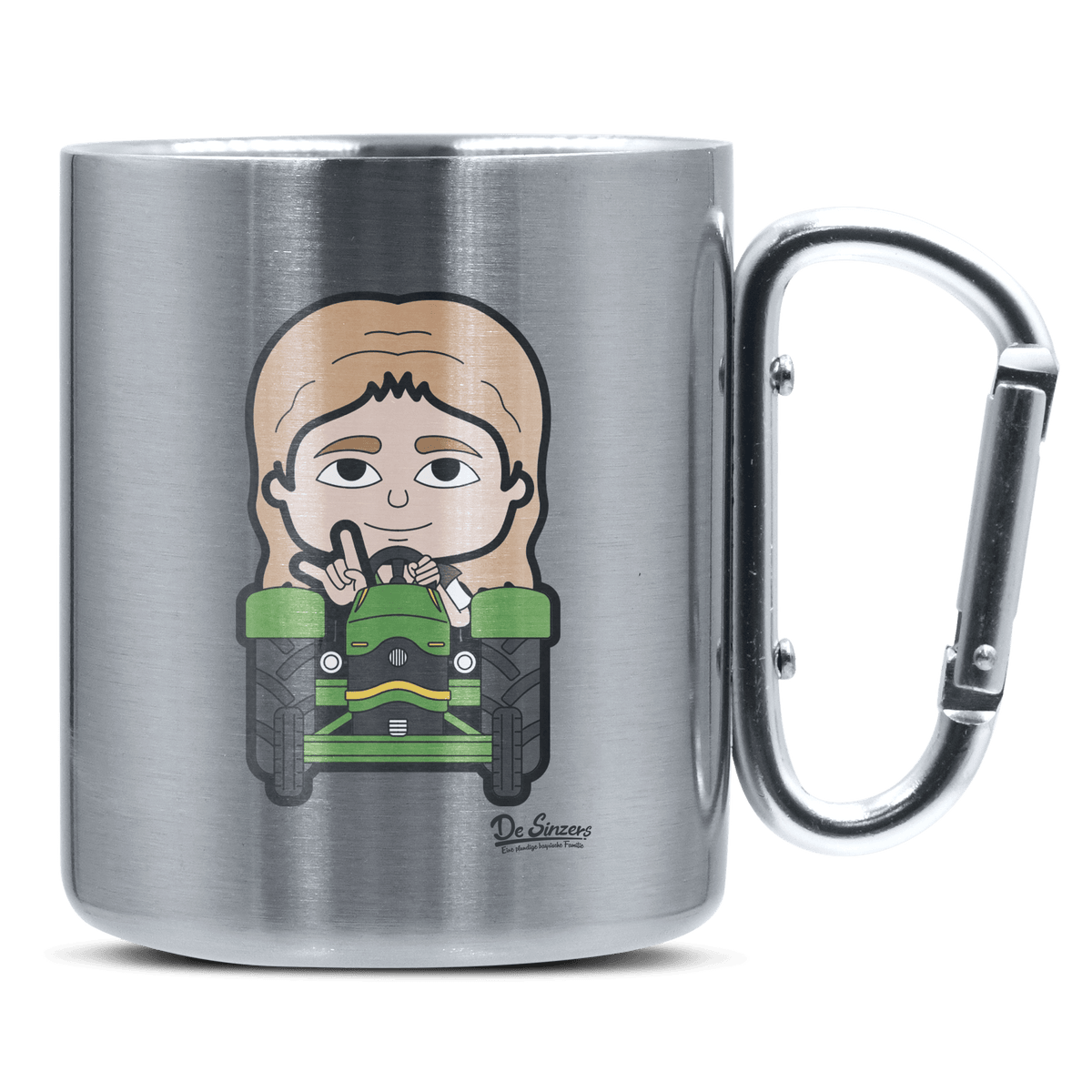 Die Sinzerin Bulldog Edelstahl Kaffeetasse silberer Karabiner 320ml Grosser Traithen Front