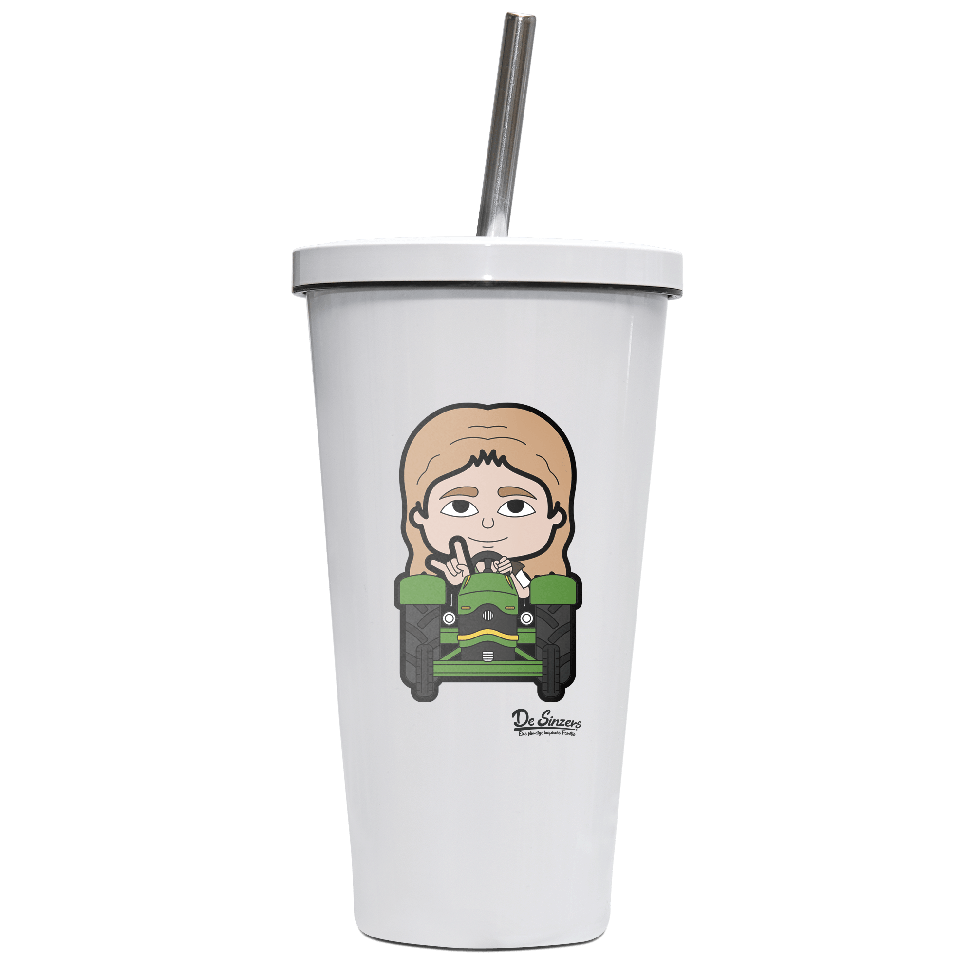 Die Sinzerin Bulldog Edelstahl Trinkbecher mit Strohhalm 480ml Weiss Krottenkopf Front