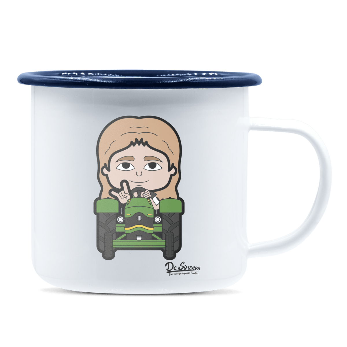 Die Sinzerin Bulldog Emaille Tasse 375ml Weiss Blau Heuberg Front