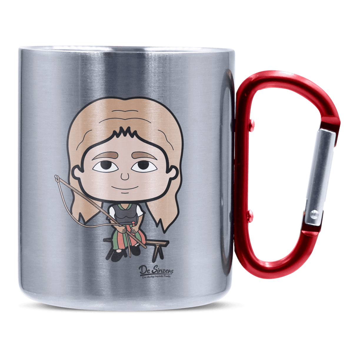 Die Sinzerin Goasslschnoizer Edelstahl Kaffeetasse roter Karabiner 320ml Kitzstein Front