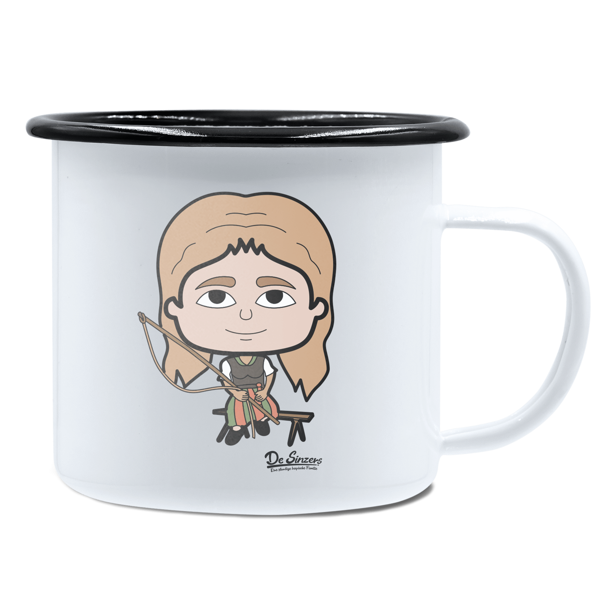 Die Sinzerin Goasslschnoizer Emaille Tasse 450ml Weiss Schwarz Spitzstein Front