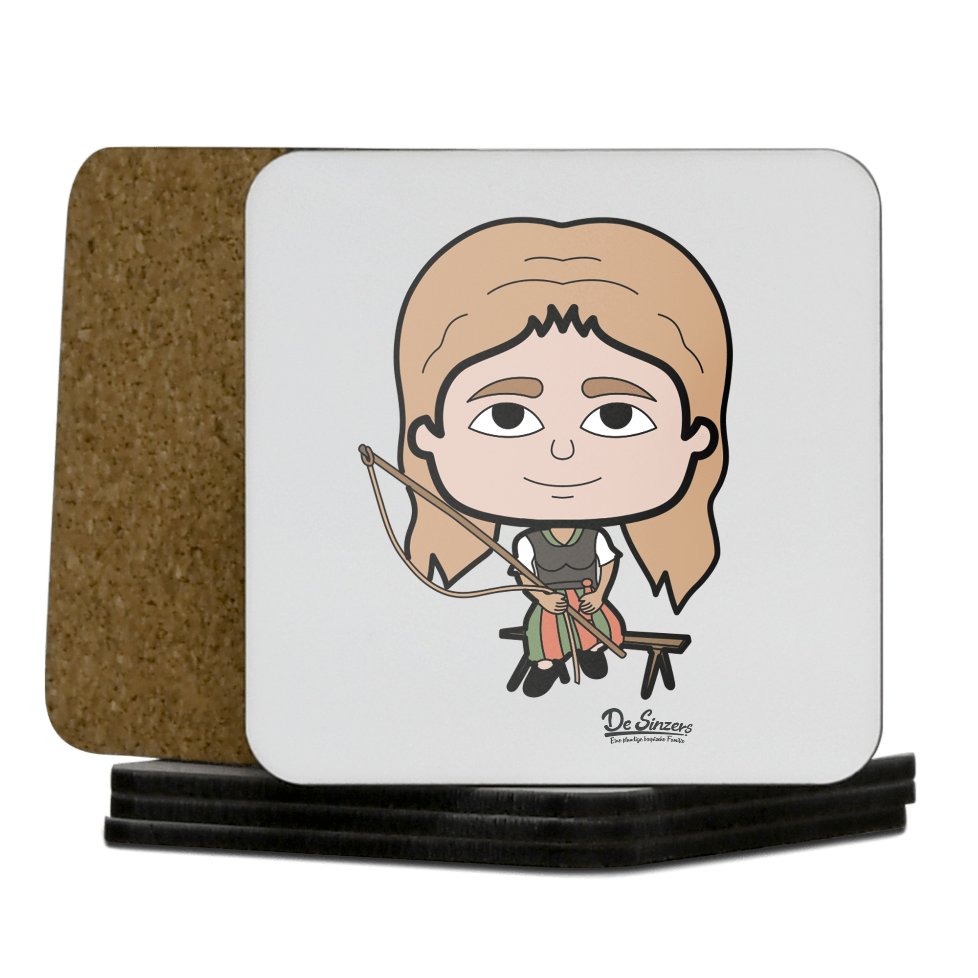 Die Sinzerin Goaßlschnoizer Korkuntersetzer 5er Set 95 x 95 mm Weiss Karkopf Front