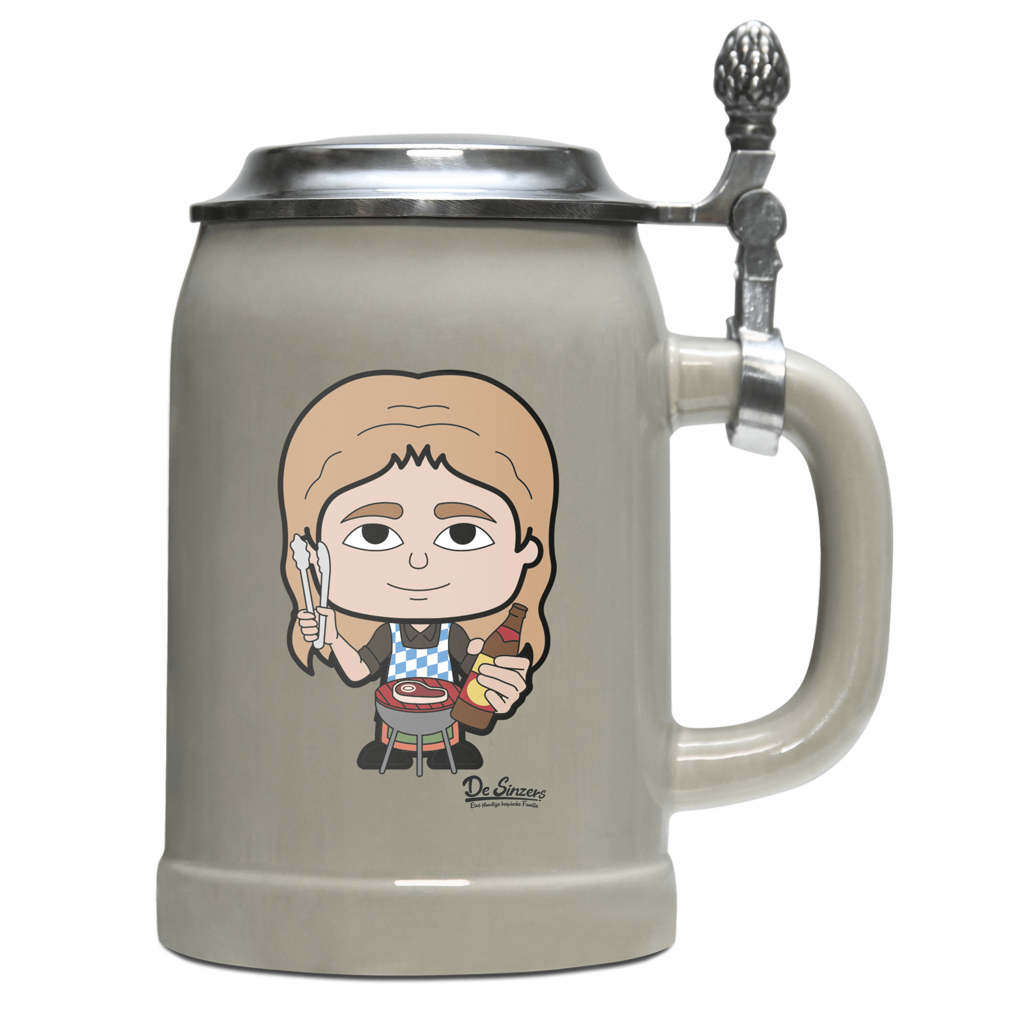 Die Sinzerin Griller Bierkrug 500ml Grau mit Deckel Hocheck Front