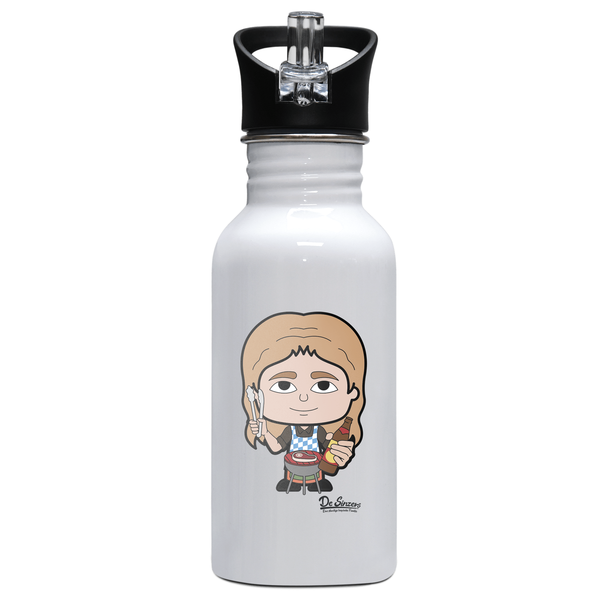 Die Sinzerin Griller Edelstahl Trinkflasche mit klappbarem Mundstueck 500ml Weiss Rotwand Front