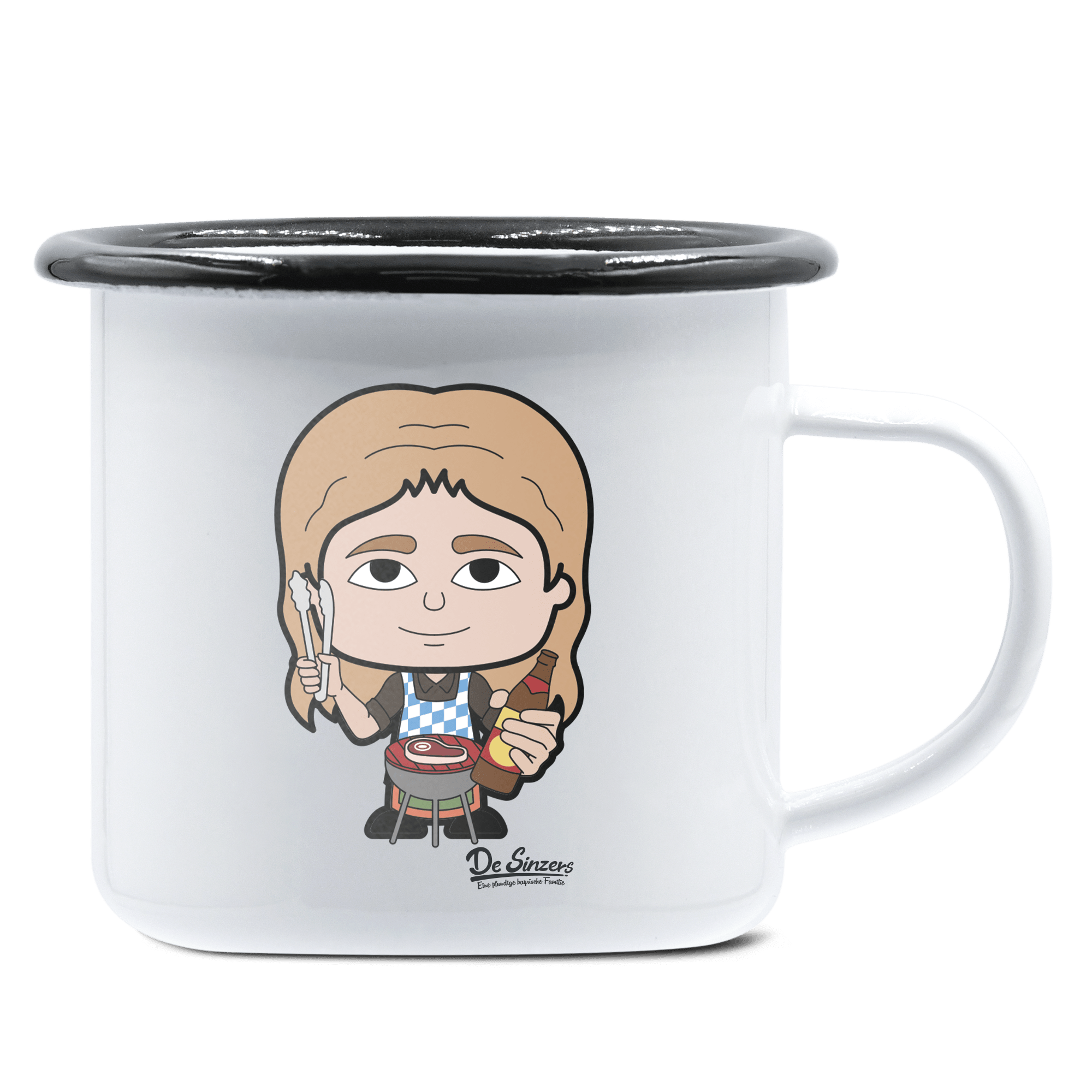 Die Sinzerin Griller Emaille Tasse 375ml Weiss Schwarz Hochries Front