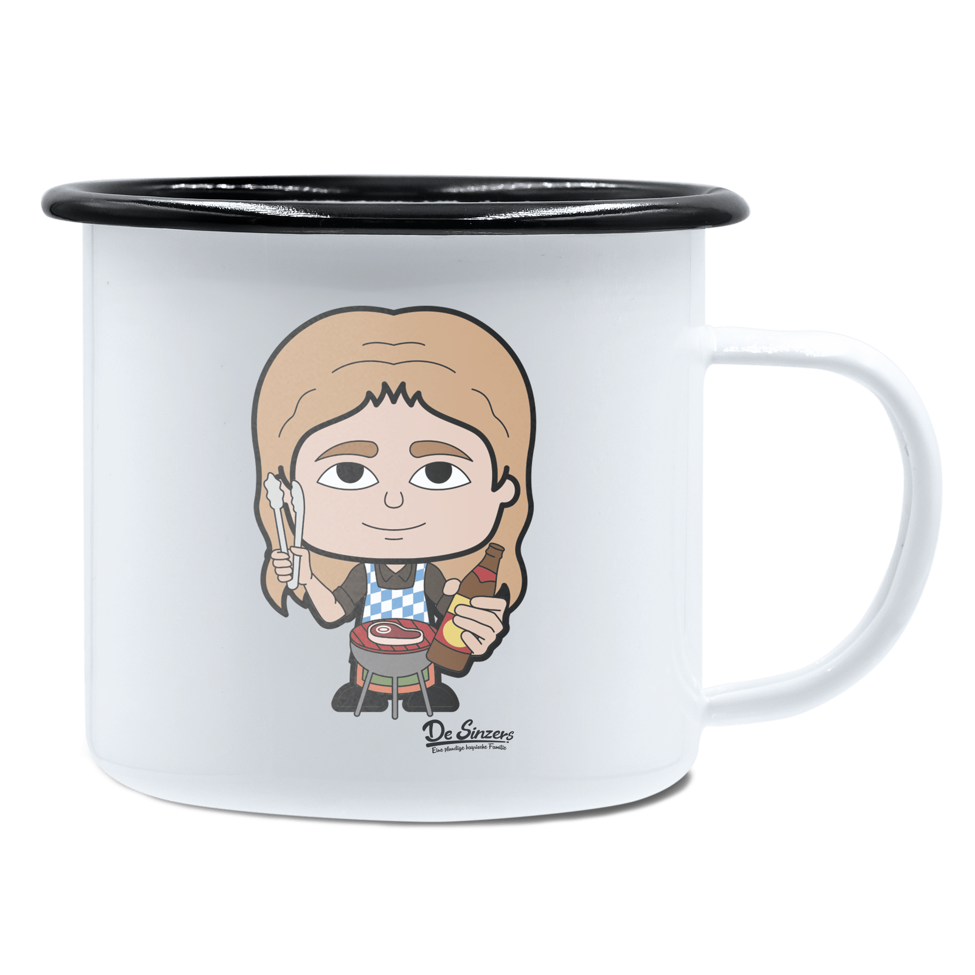 Die Sinzerin Griller Emaille Tasse 450ml Weiss Schwarz Spitzstein Front