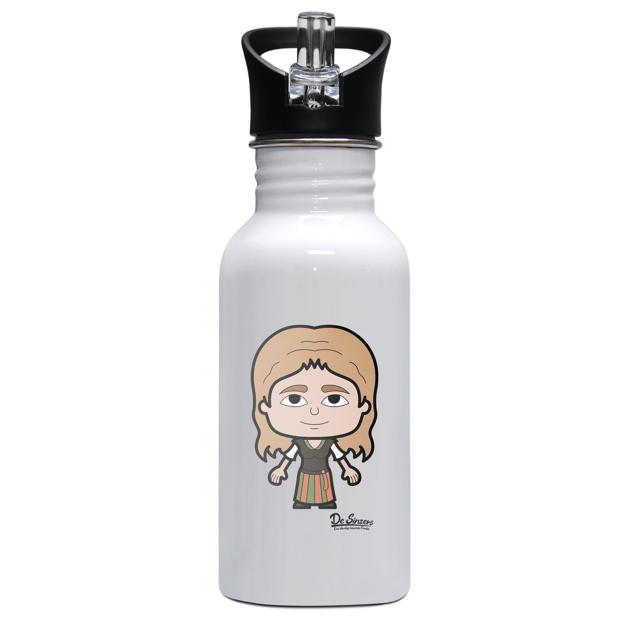 Die Sinzerin Grundfiguren Edelstahl Trinkflasche mit klappbarem Mundstueck 500ml Weiss Rotwand Front