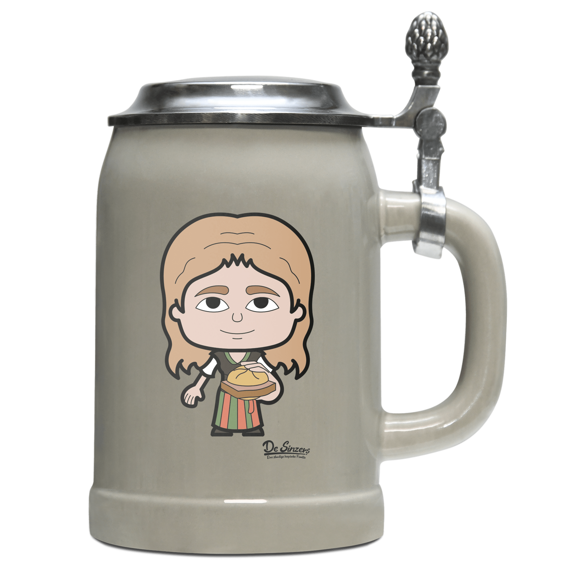 Die Sinzerin Leberkassemmel Bierkrug 500ml Grau mit Deckel Hocheck Front