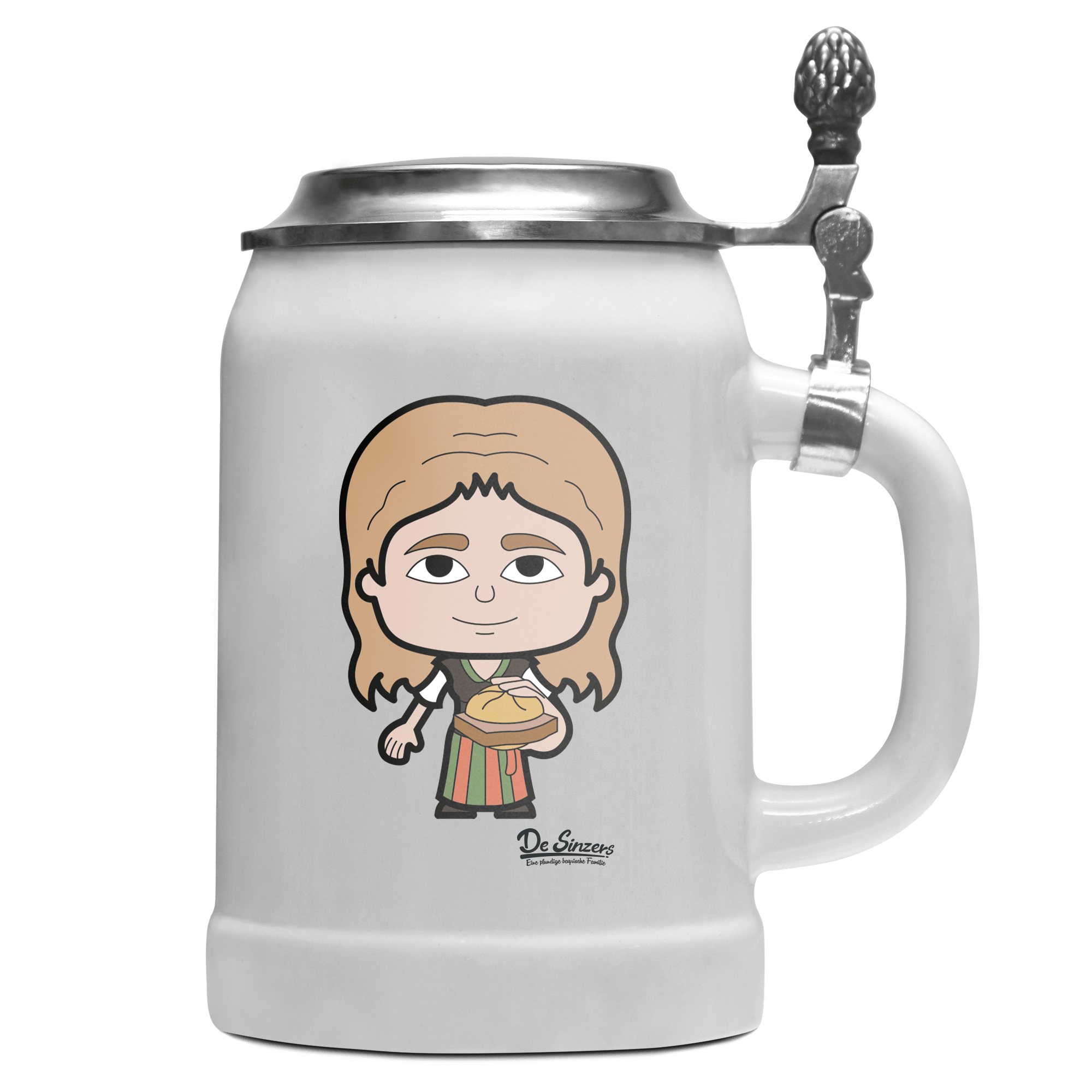 Die Sinzerin Leberkassemmel Bierkrug 500ml Weiss mit Deckel Wetterspitzen Front