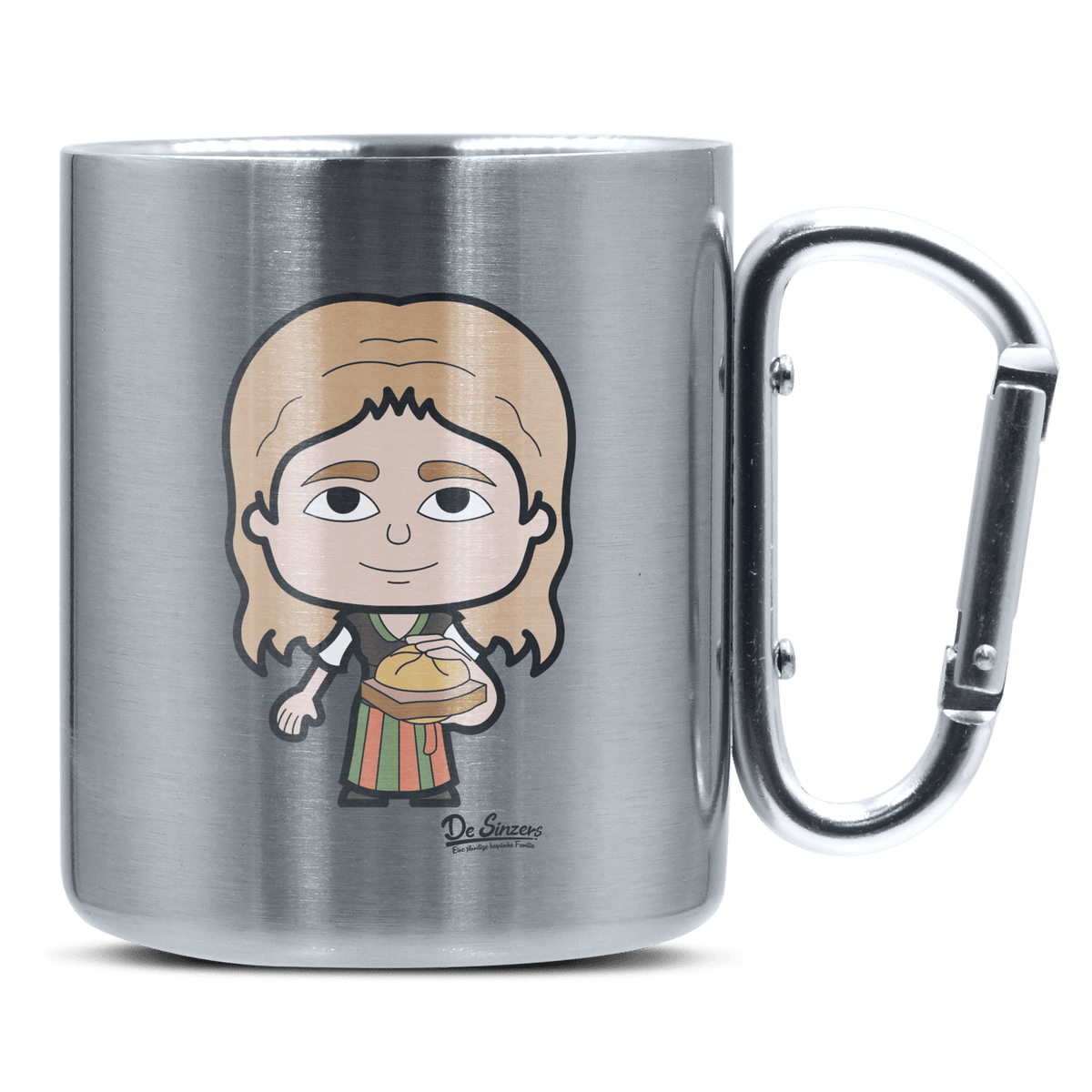 Die Sinzerin Leberkassemmel Edelstahl Kaffeetasse silberer Karabiner 320ml Grosser Traithen Front