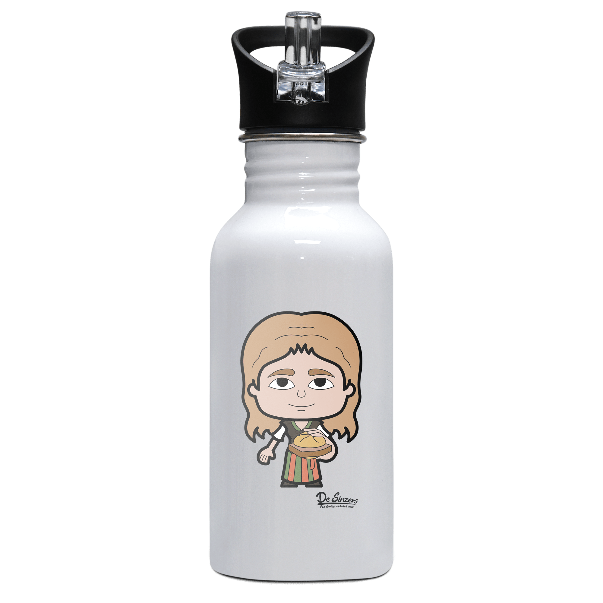 Die Sinzerin Leberkassemmel Edelstahl Trinkflasche mit klappbarem Mundstueck 500ml Weiss Rotwand Front