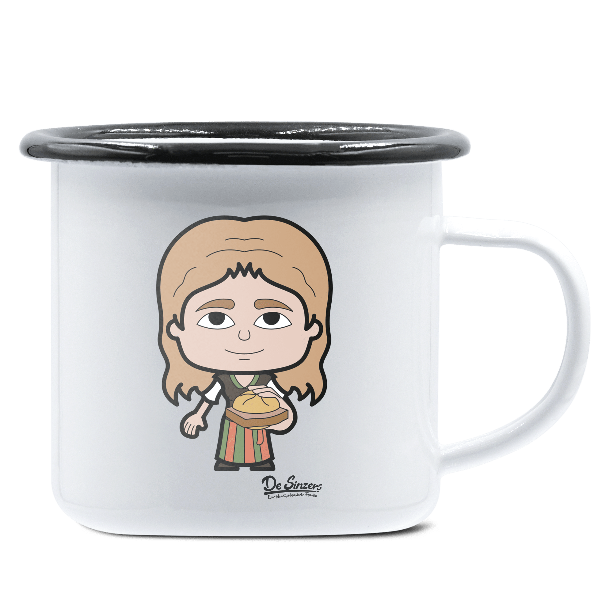 Die Sinzerin Leberkassemmel Emaille Tasse 375ml Weiss Schwarz Hochries Front