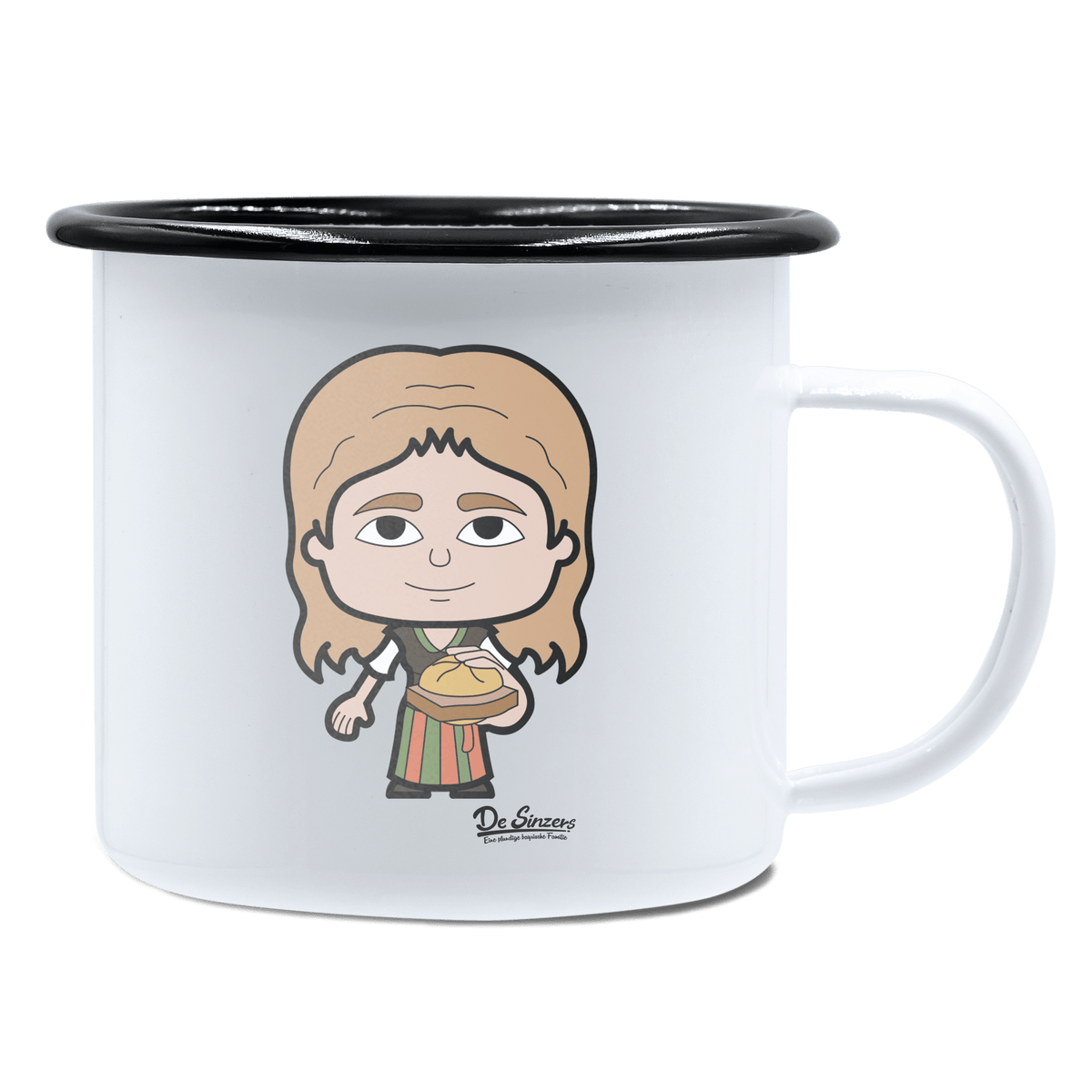 Die Sinzerin Leberkassemmel Emaille Tasse 450ml Weiss Schwarz Spitzstein Front