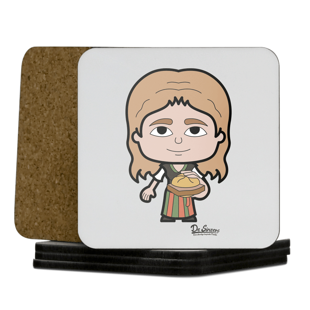 Die Sinzerin Leberkassemmel Korkuntersetzer 5er Set 95 x 95 mm Weiss Karkopf Front