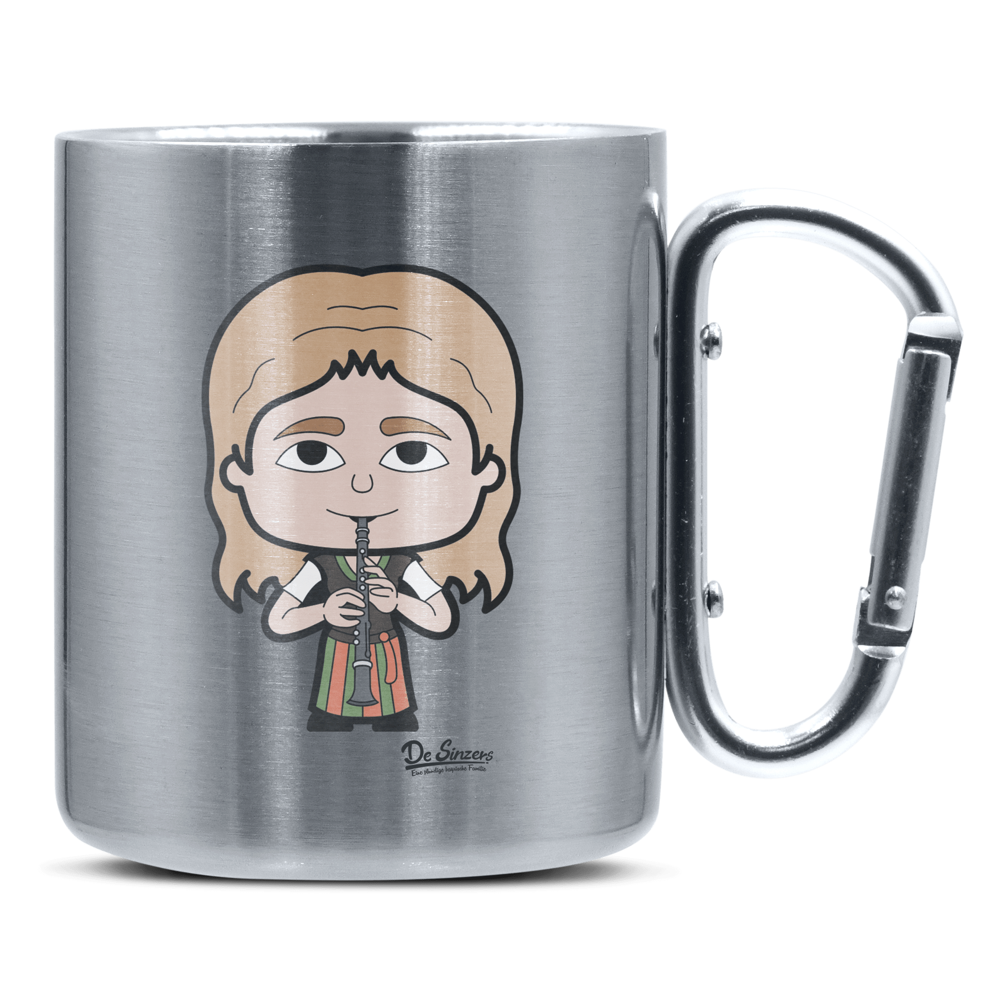 Die Sinzerin Musikinstrumente Edelstahl Kaffeetasse silberer Karabiner 320ml Grosser Traithen Front