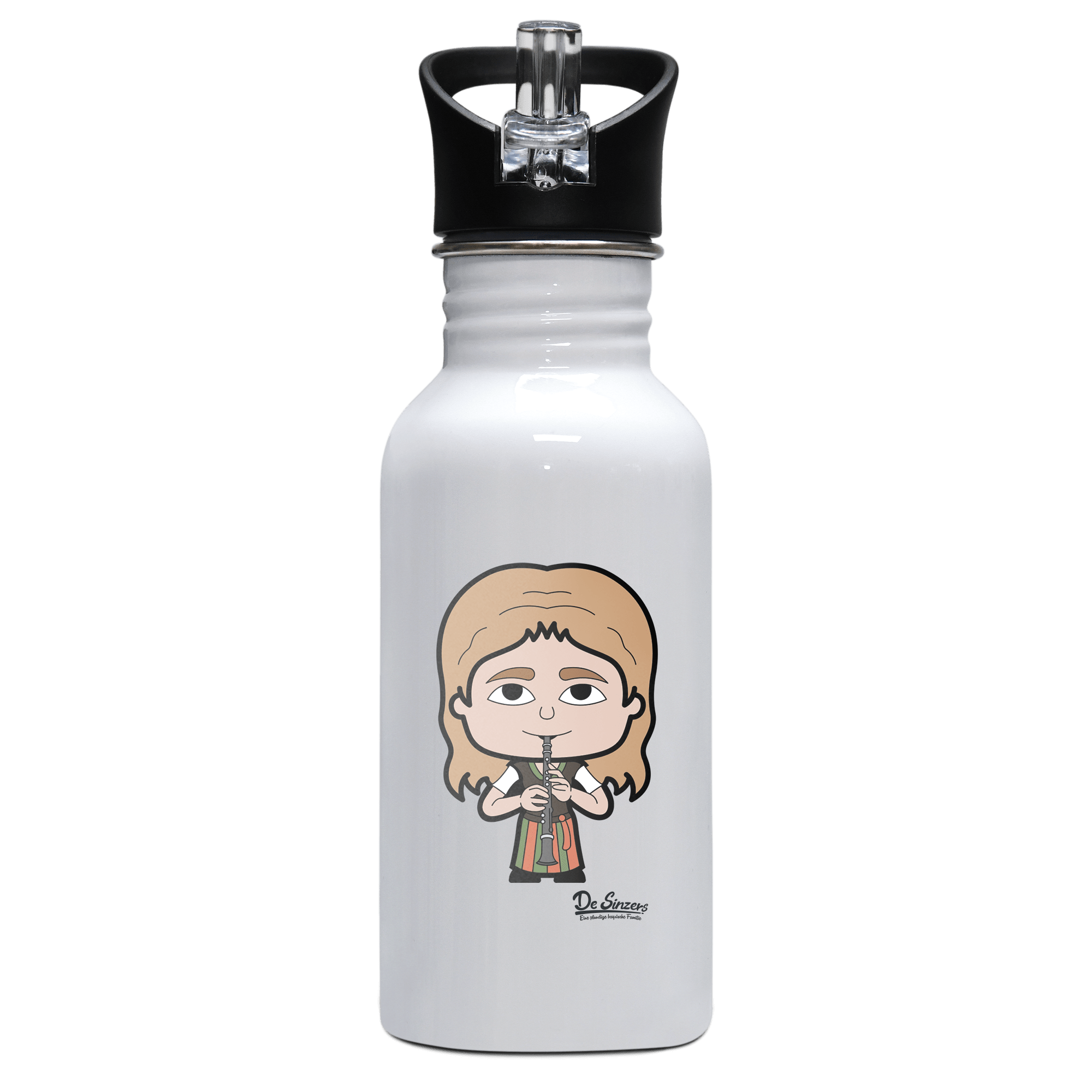 Die Sinzerin Musikinstrumente Edelstahl Trinkflasche mit klappbarem Mundstueck 500ml Weiss Rotwand Front