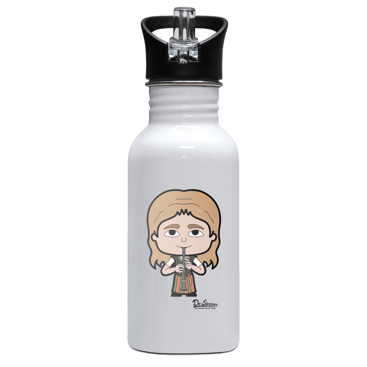 Die Sinzerin Musikinstrumente Edelstahl Trinkflasche mit klappbarem Mundstueck 500ml Weiss Rotwand Front