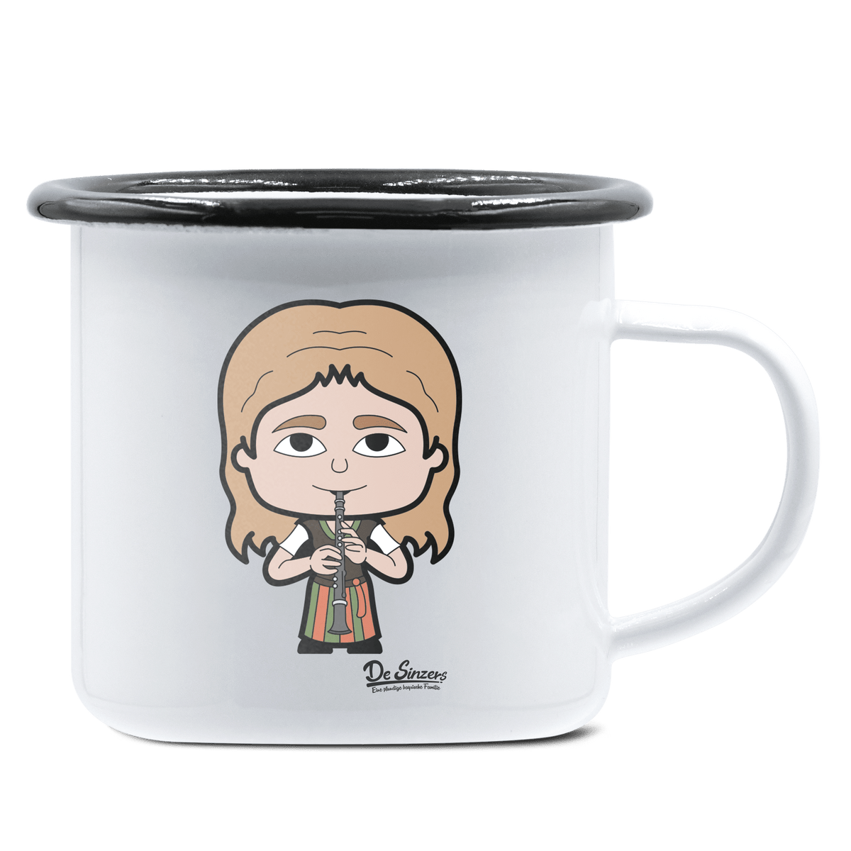 Die Sinzerin Musikinstrumente Emaille Tasse 375ml Weiss Schwarz Hochries Front