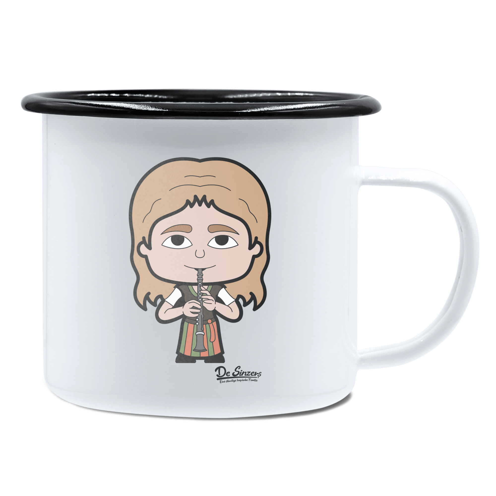 Die Sinzerin Musikinstrumente Emaille Tasse 450ml Weiss Schwarz Spitzstein Front