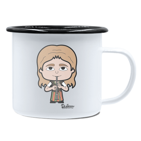 Die Sinzerin Musikinstrumente Emaille Tasse 450ml Weiss Schwarz Spitzstein Front