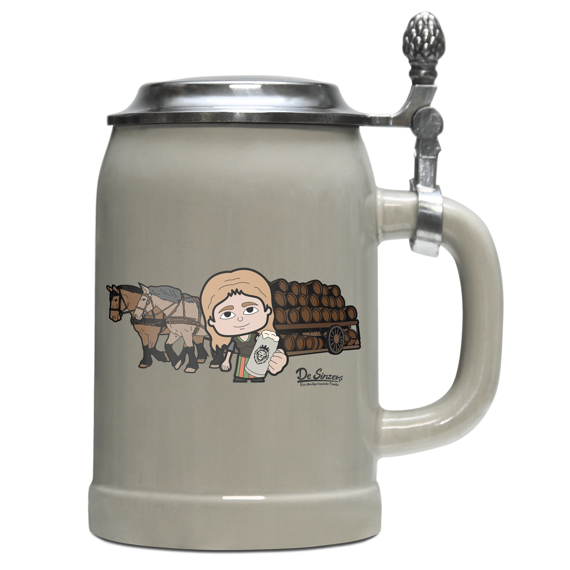 Die Sinzerin Pferdegespann Bierkrug 500ml Grau mit Deckel Hocheck Front