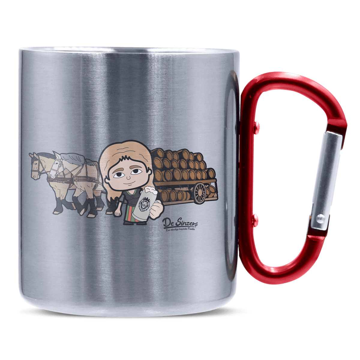 Die Sinzerin Pferdegespann Edelstahl Kaffeetasse roter Karabiner 320ml Kitzstein Front