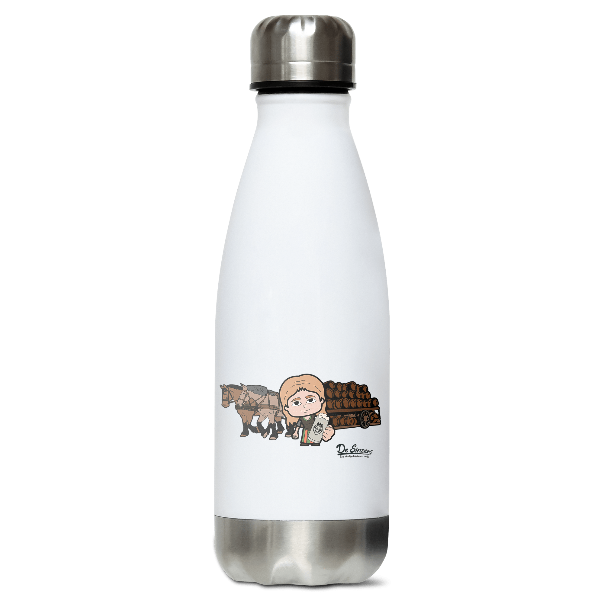 Die Sinzerin Pferdegespann Edelstahl Thermoflasche 350ml Weiss Silber Kreuzspitze Front